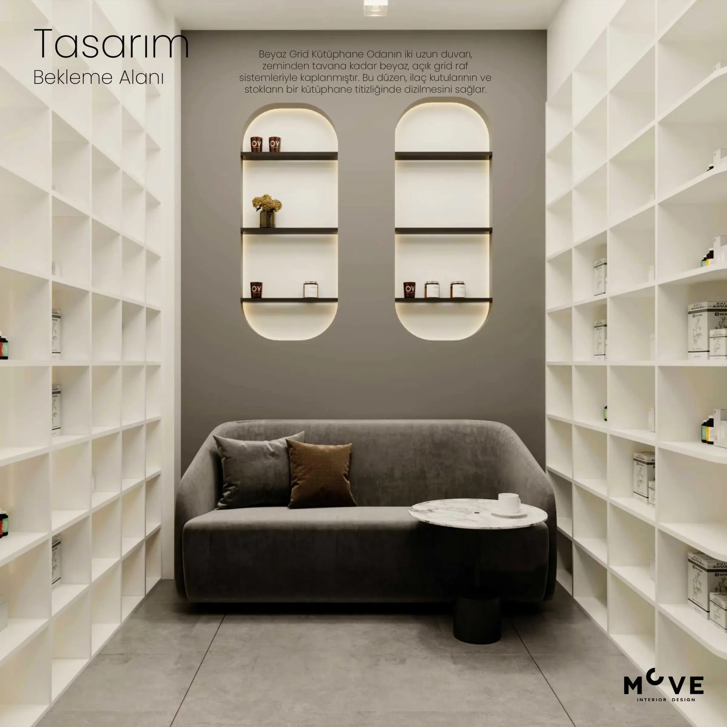 Ankara Kuzu Fatoş Hanım Eczanesi minimal stok bekleme odası iç tasarımı