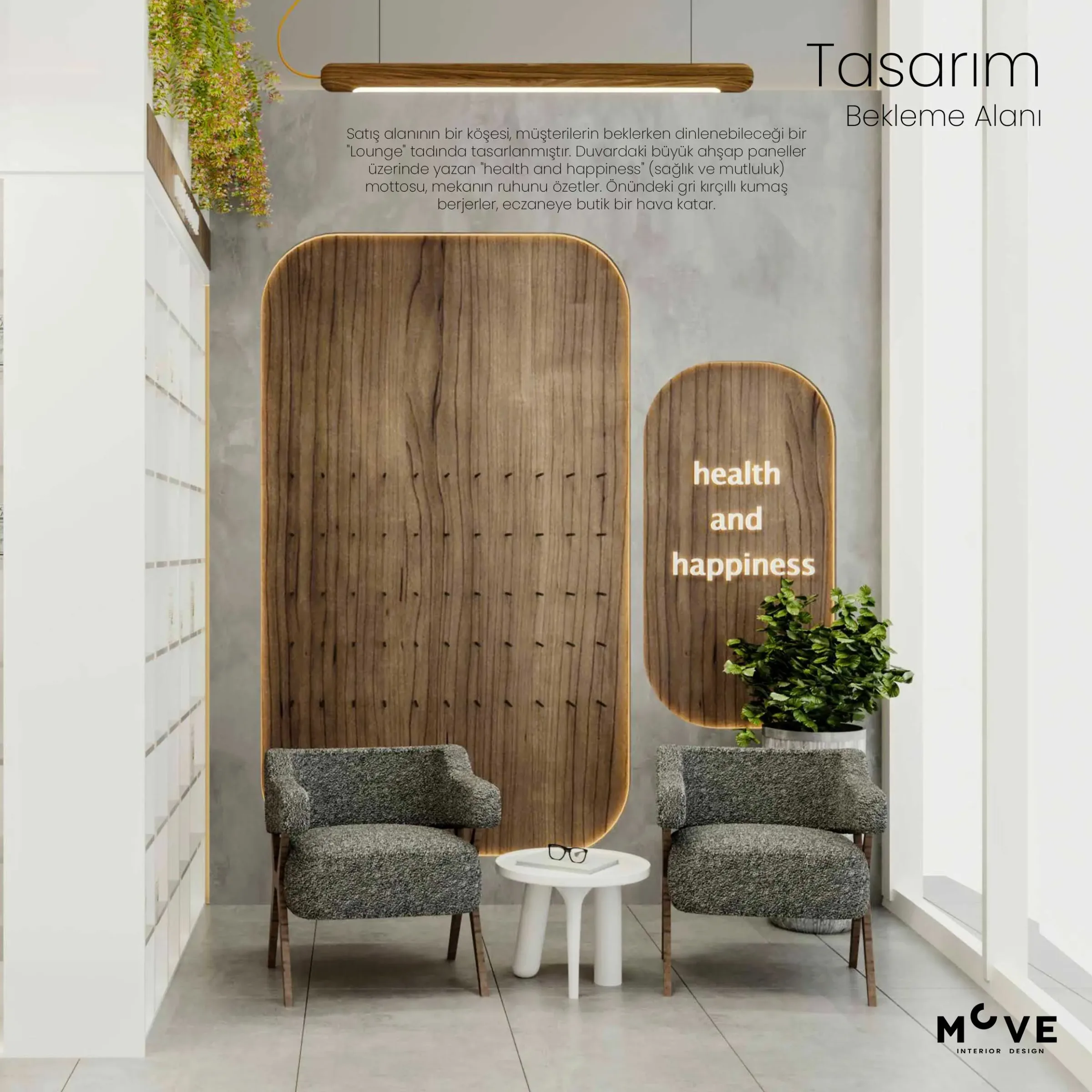 Ankara Kuzu Fatoş Hanım Eczanesi modern bekleme alanı lounge iç tasarımı